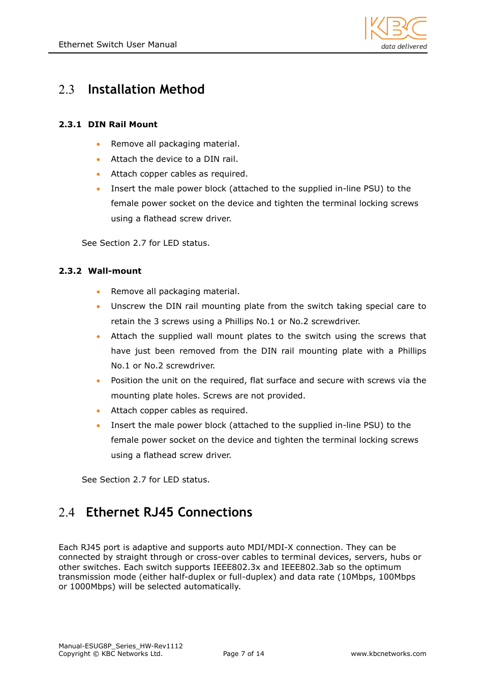 Installation method, 4 ethernet rj45 connections | KBC Networks ESUG8P User Manual | Page 7 / 14