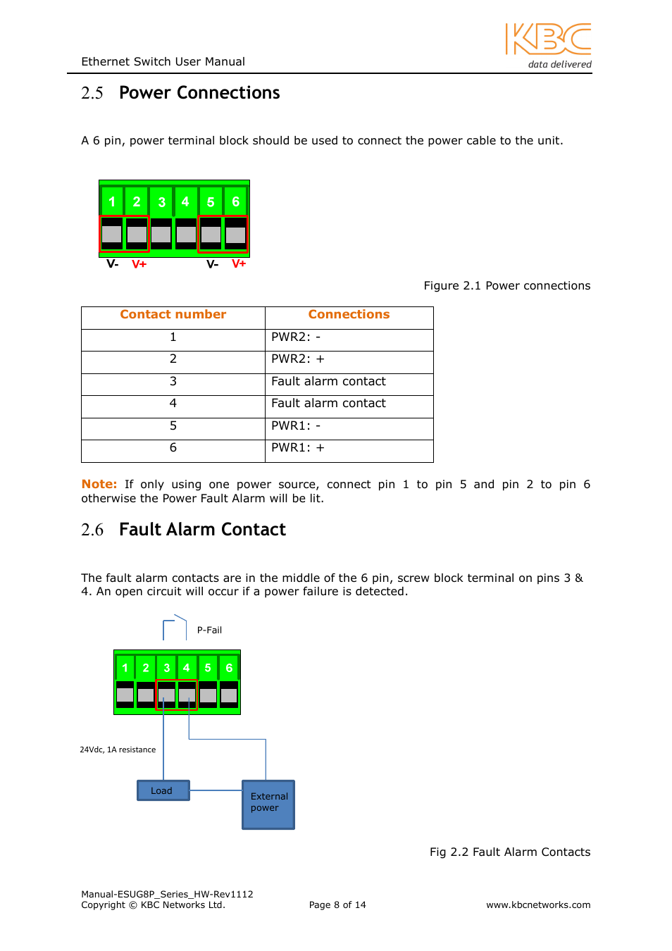 5 power connections, 6 fault alarm contact | KBC Networks ESUG8P User Manual | Page 8 / 14