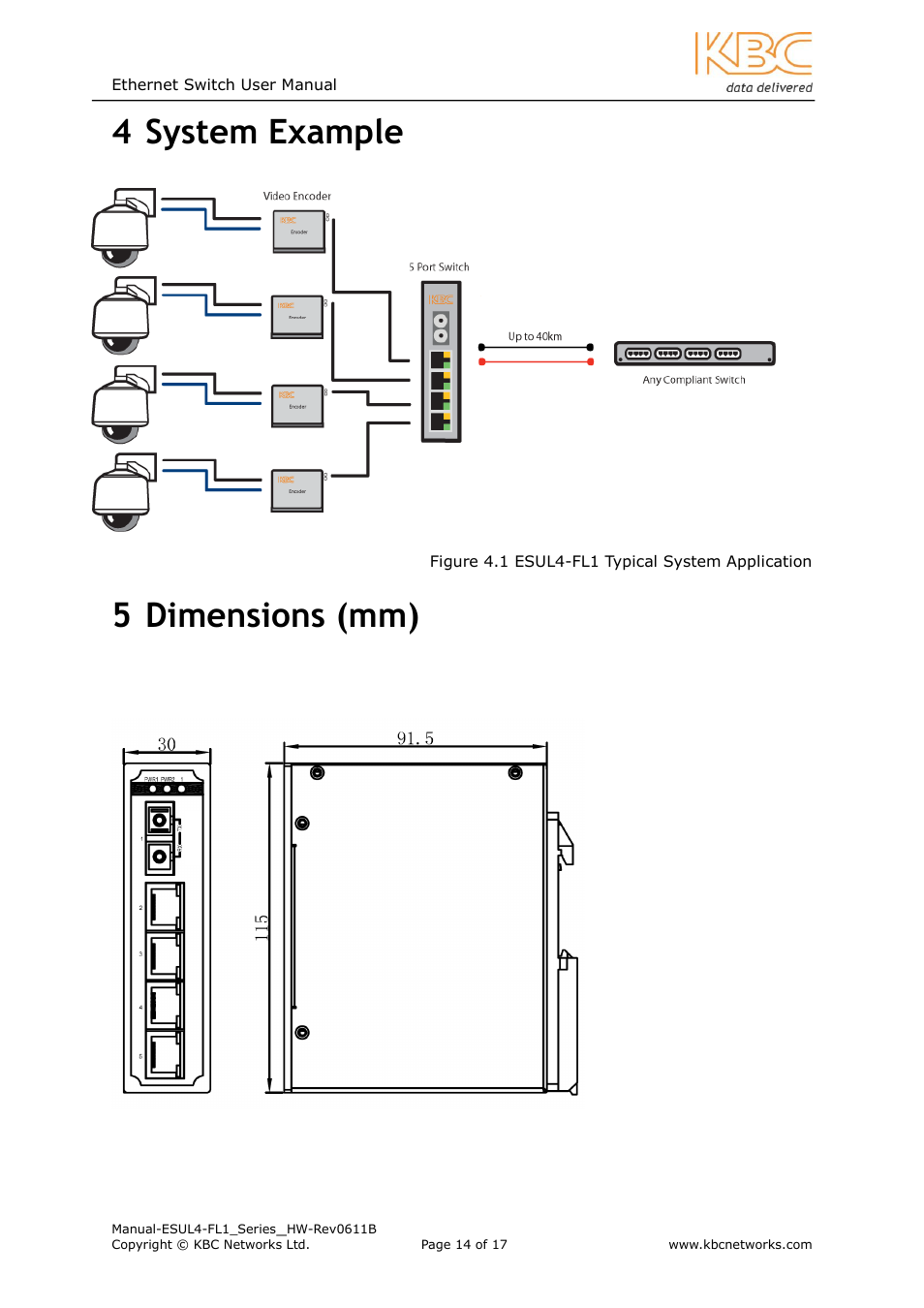 System example, Dimensions (mm), 4 system example | 5 dimensions (mm) | KBC Networks ESUL4-FL1 User Manual | Page 14 / 17