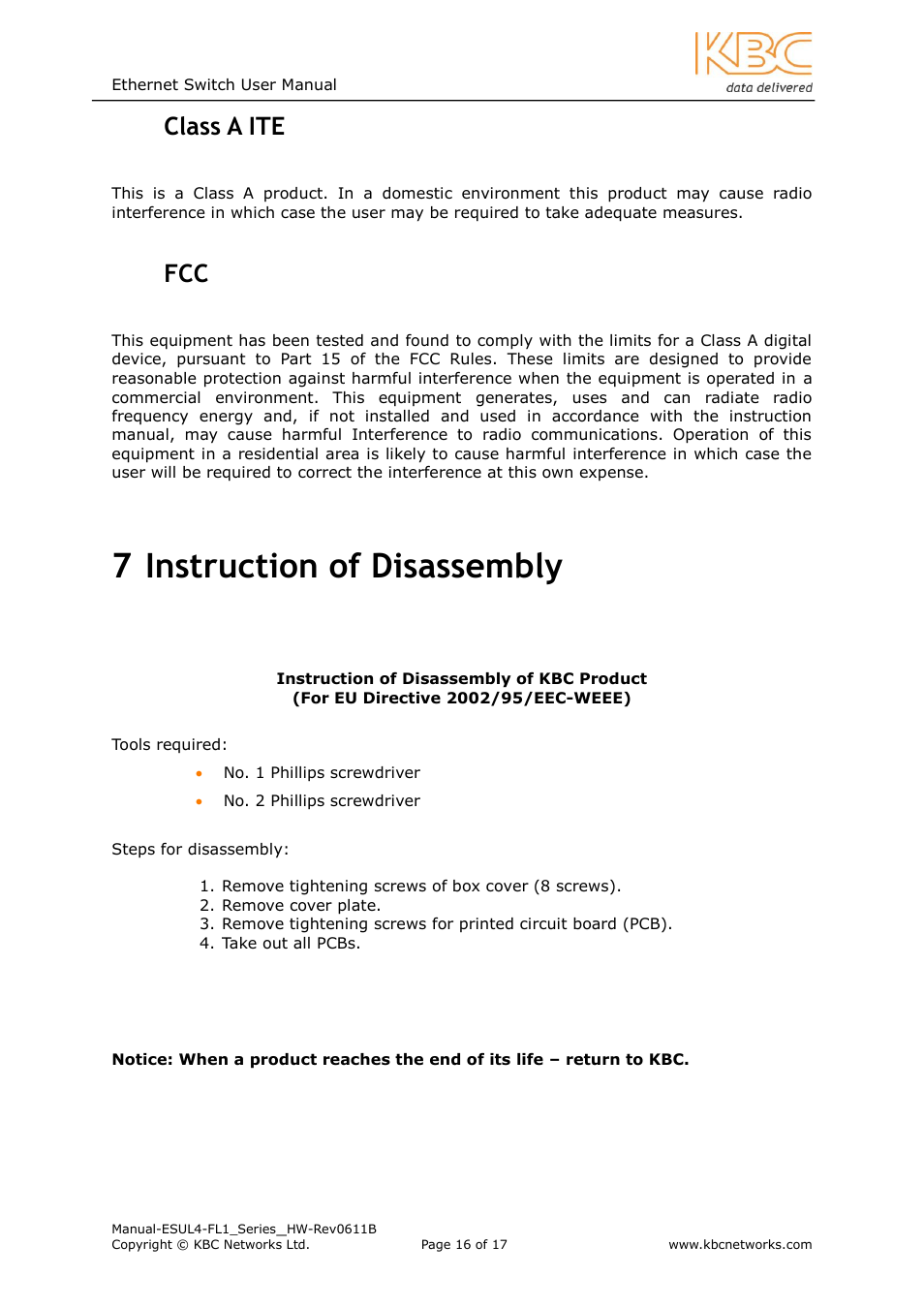 Lass, Instruction of disassembly, 7 instruction of disassembly | 2 class a ite, 3 fcc | KBC Networks ESUL4-FL1 User Manual | Page 16 / 17