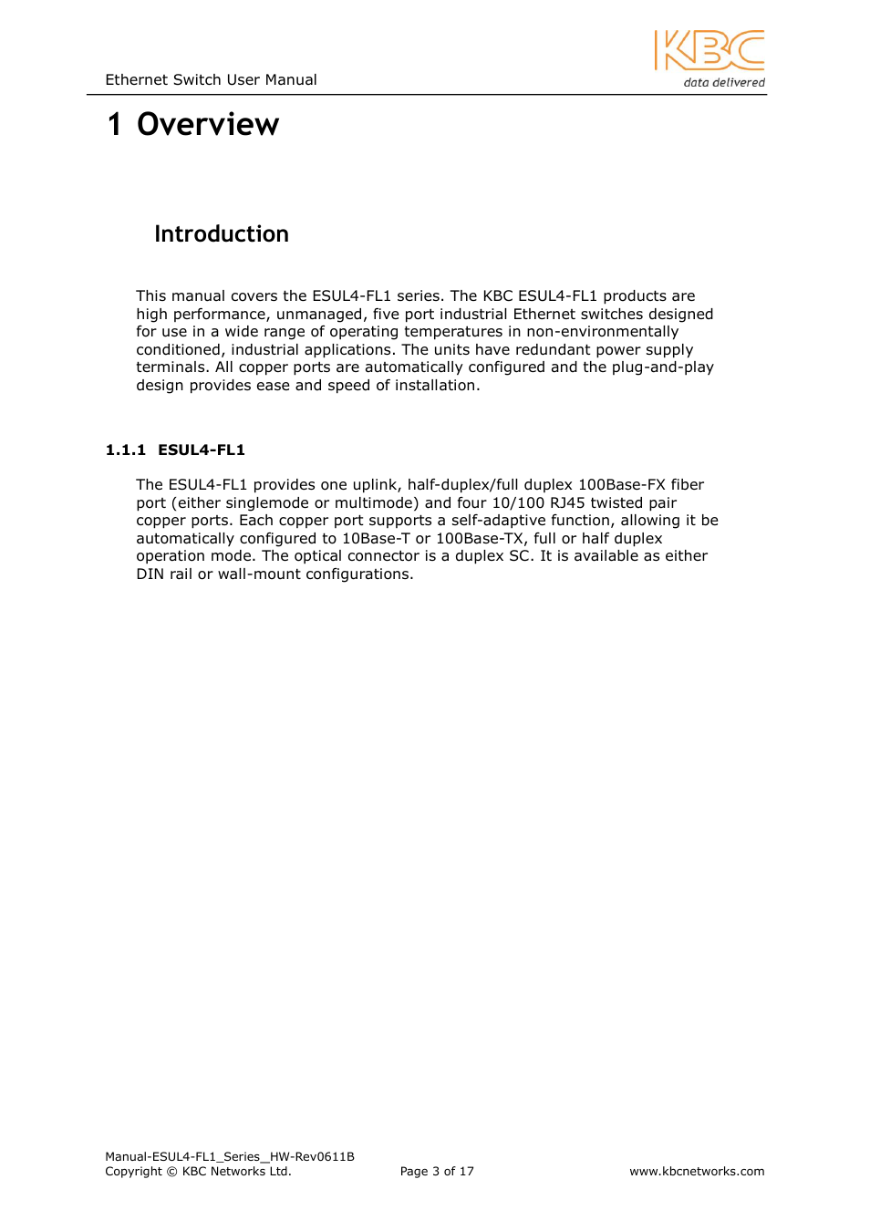 Overview, Ntroduction, Esul4-fl1 | 1 overview, 1 introduction | KBC Networks ESUL4-FL1 User Manual | Page 3 / 17