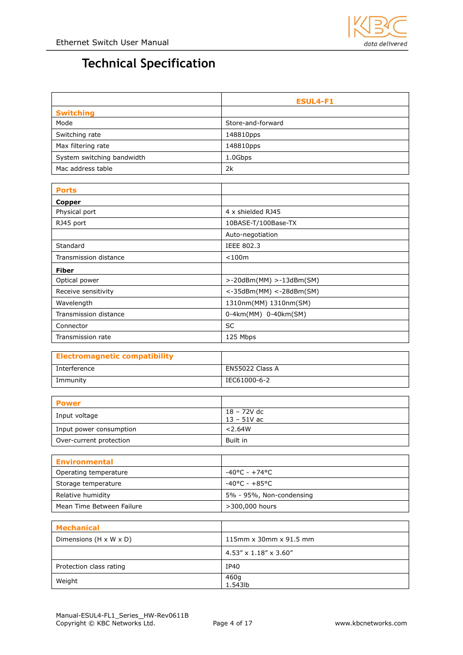 Echnical, Pecification, 2 technical specification | KBC Networks ESUL4-FL1 User Manual | Page 4 / 17