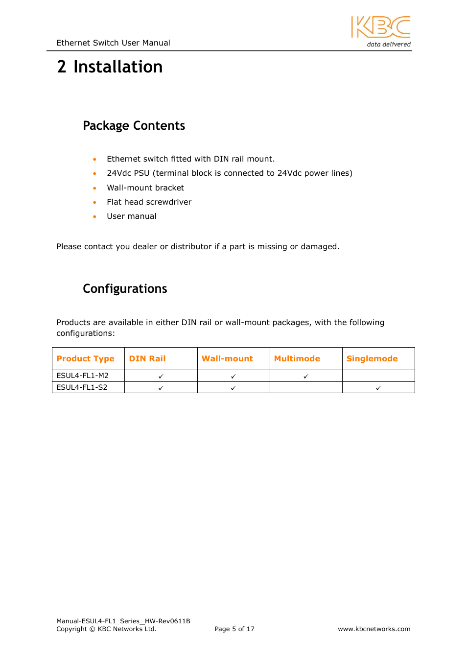 Installation, Ackage, Ontents | Onfigurations, 2 installation, 1 package contents, 2 configurations | KBC Networks ESUL4-FL1 User Manual | Page 5 / 17