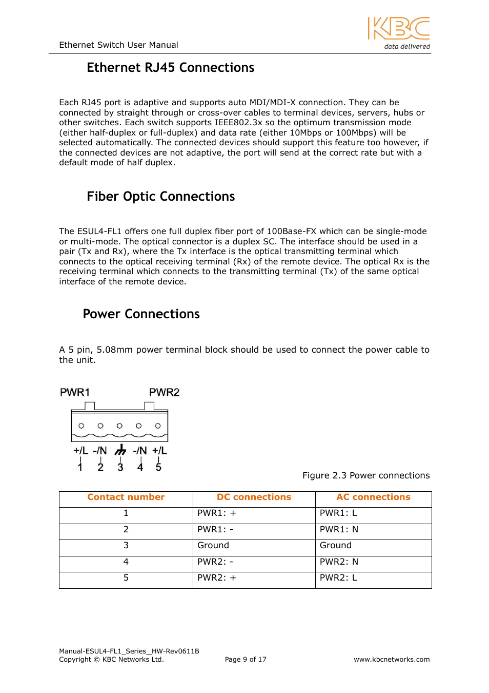 Thernet, Rj45, Onnections | Iber, Ptic, Ower, 4 ethernet rj45 connections, 5 fiber optic connections, 6 power connections | KBC Networks ESUL4-FL1 User Manual | Page 9 / 17