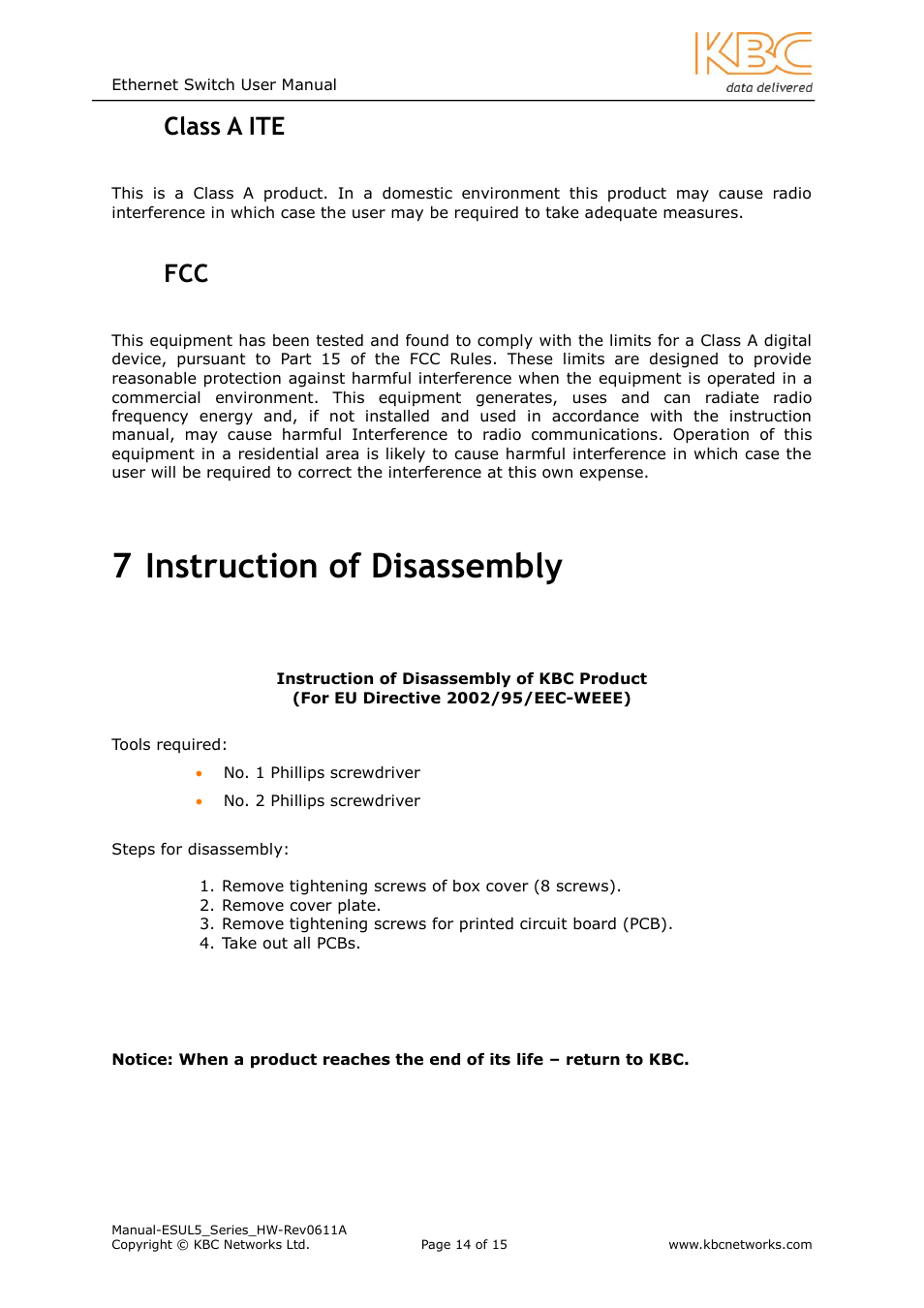 Lass, Instruction of disassembly, 7 instruction of disassembly | 2 class a ite, 3 fcc | KBC Networks ESUL5 User Manual | Page 14 / 15