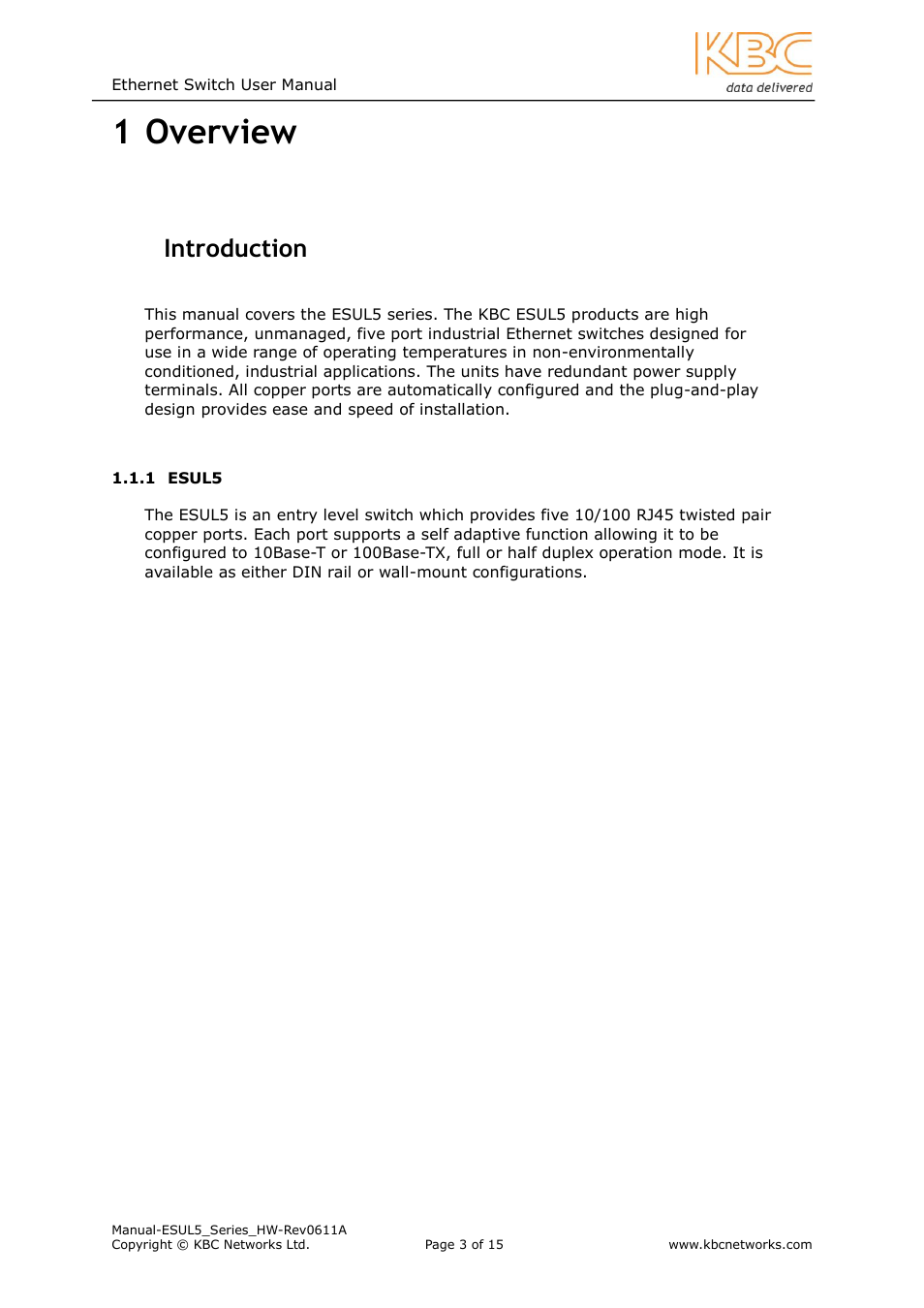 Overview, Ntroduction, Esul5 | 1 overview, 1 introduction | KBC Networks ESUL5 User Manual | Page 3 / 15