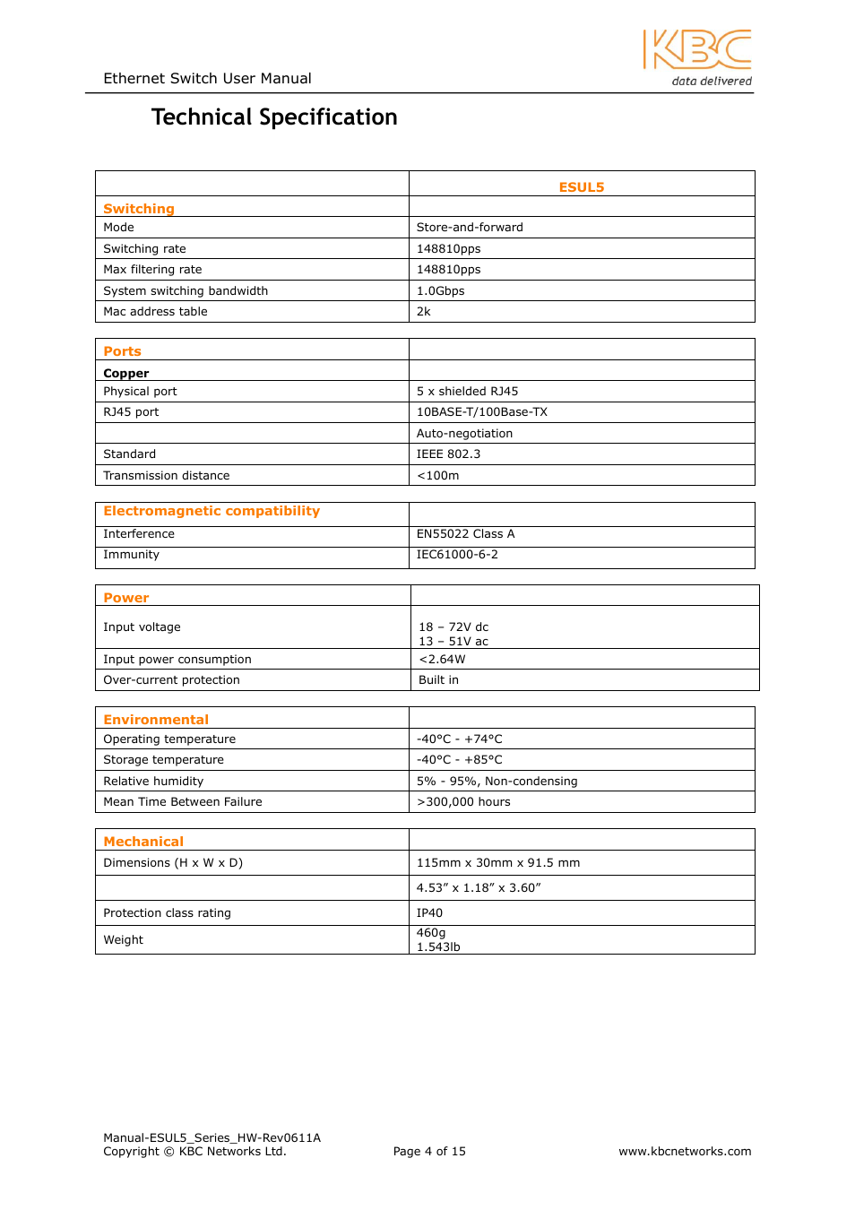 Echnical, Pecification, 2 technical specification | KBC Networks ESUL5 User Manual | Page 4 / 15