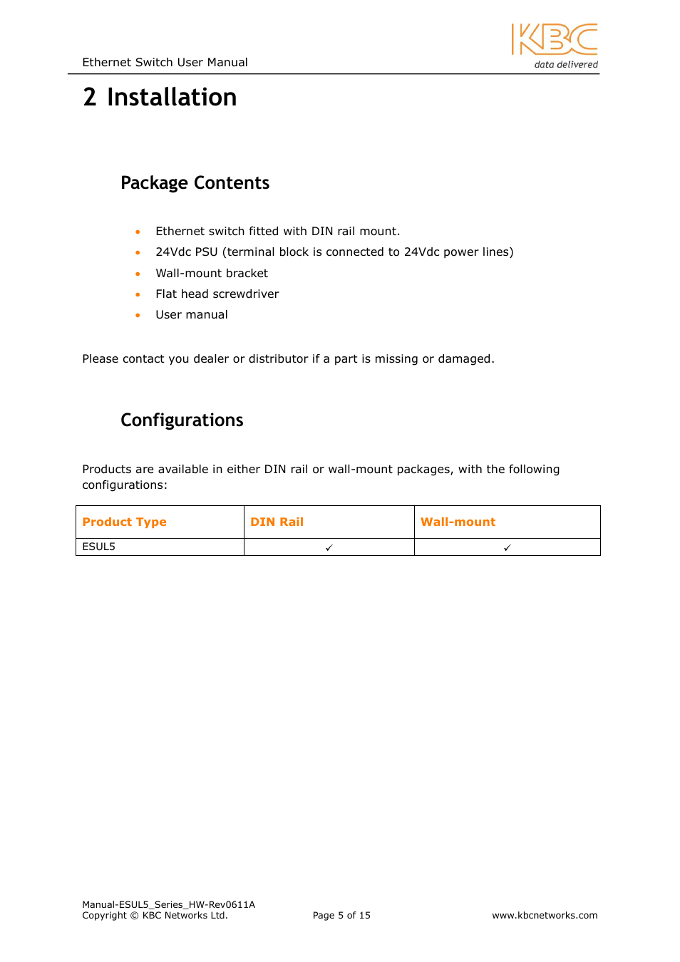 Installation, Ackage, Ontents | Onfigurations, 2 installation, 1 package contents, 2 configurations | KBC Networks ESUL5 User Manual | Page 5 / 15