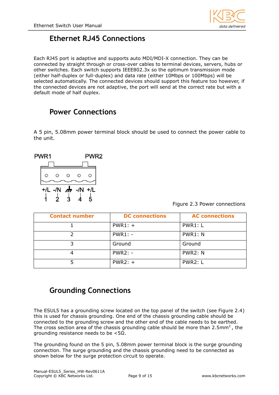 Thernet, Rj45, Onnections | Ower, Rounding, 4 ethernet rj45 connections, 5 power connections, 6 grounding connections | KBC Networks ESUL5 User Manual | Page 9 / 15