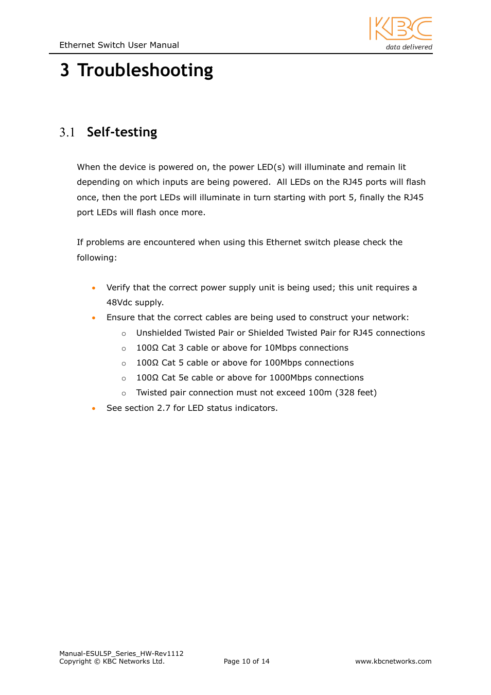 3 troubleshooting, 1 self-testing | KBC Networks ESUL5P User Manual | Page 10 / 14