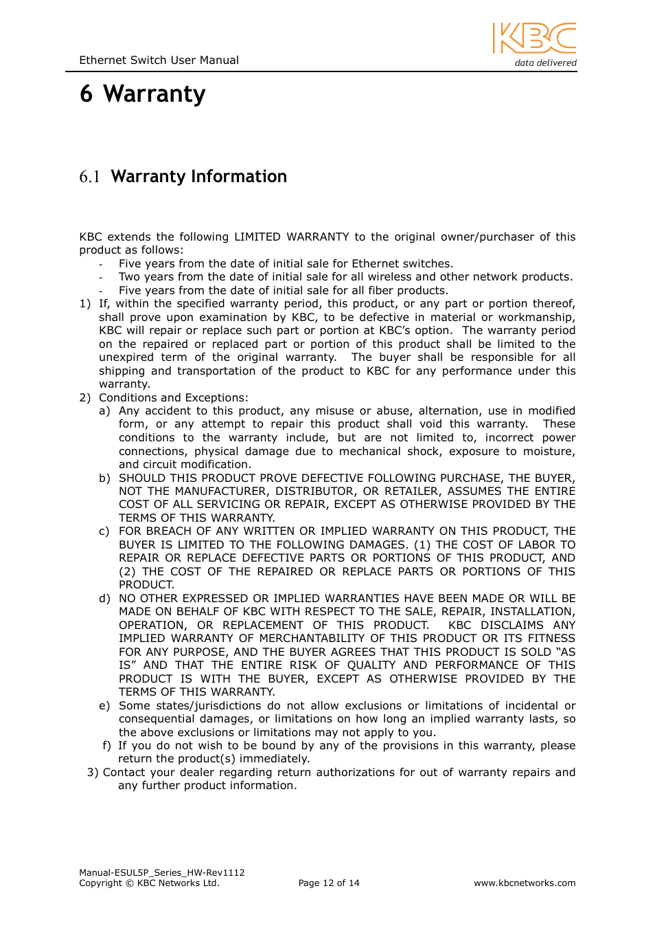 6 warranty, 1 warranty information | KBC Networks ESUL5P User Manual | Page 12 / 14