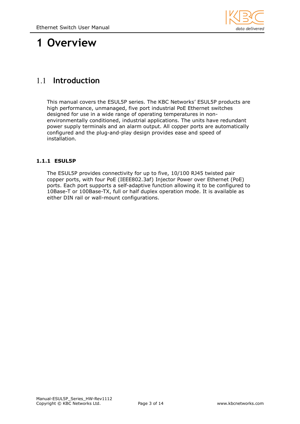 1 overview, 1 introduction | KBC Networks ESUL5P User Manual | Page 3 / 14