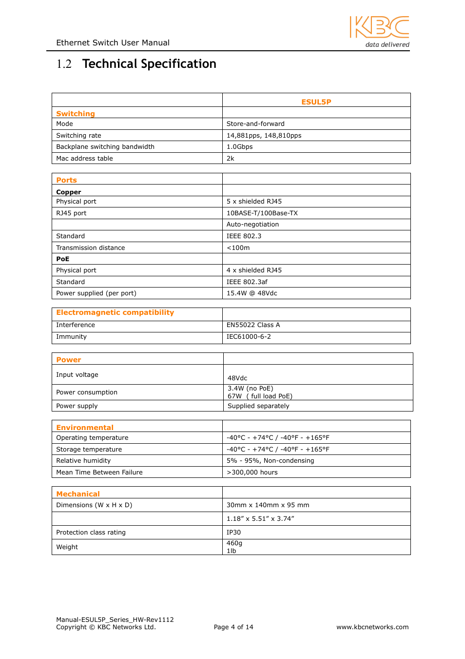 2 technical specification | KBC Networks ESUL5P User Manual | Page 4 / 14