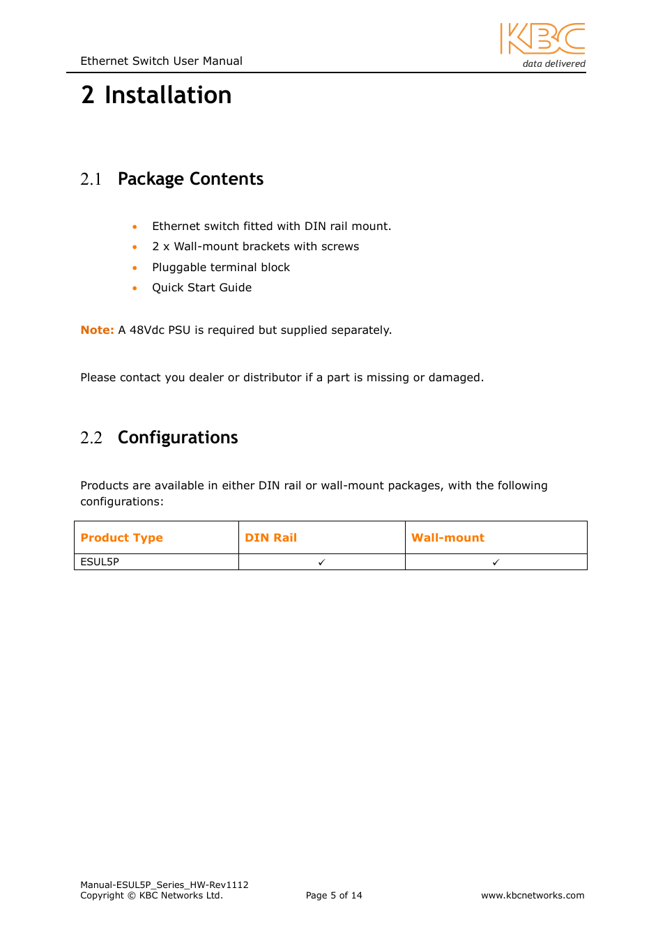 2 installation, 1 package contents, 2 configurations | KBC Networks ESUL5P User Manual | Page 5 / 14