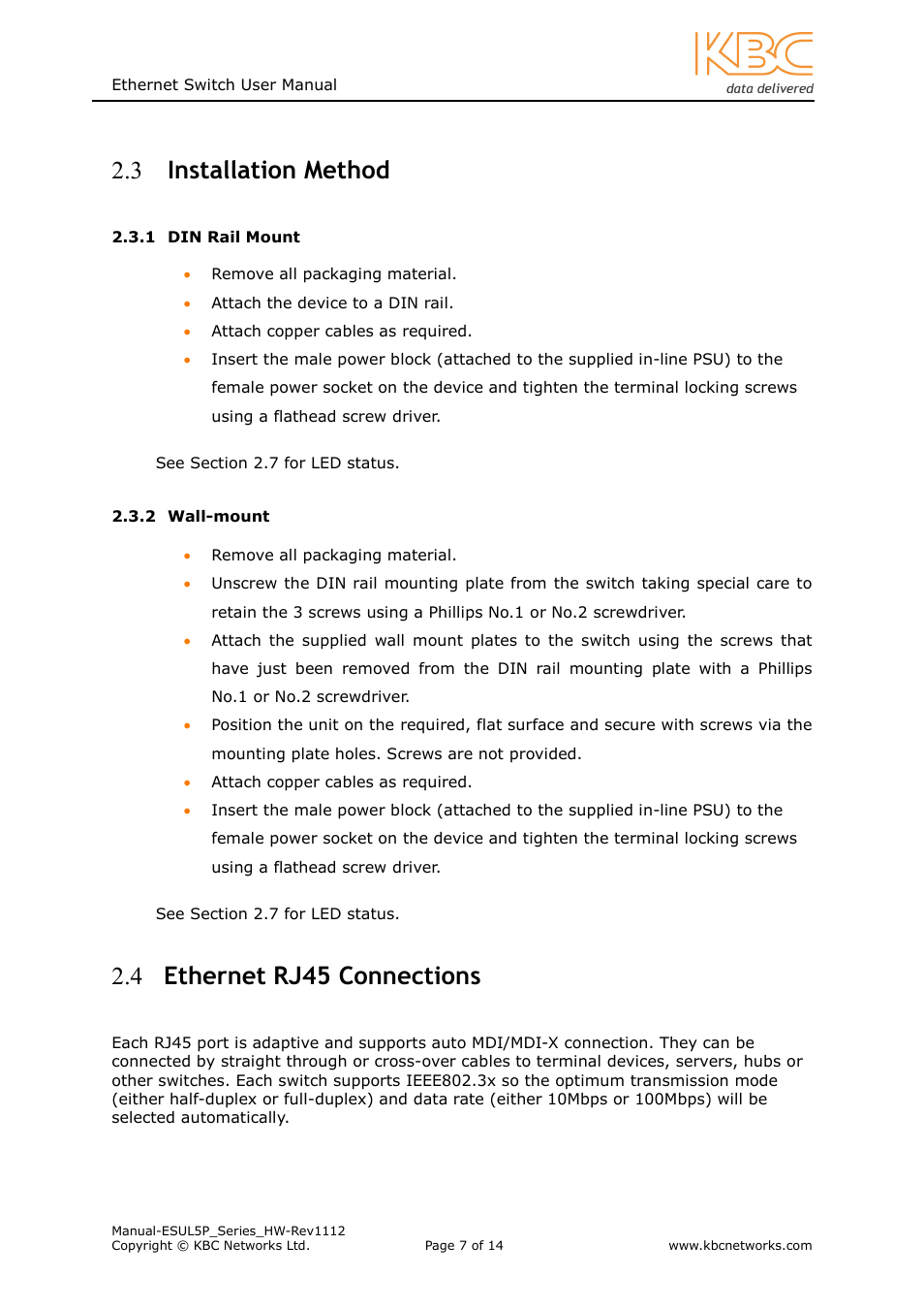 Installation method, 4 ethernet rj45 connections | KBC Networks ESUL5P User Manual | Page 7 / 14