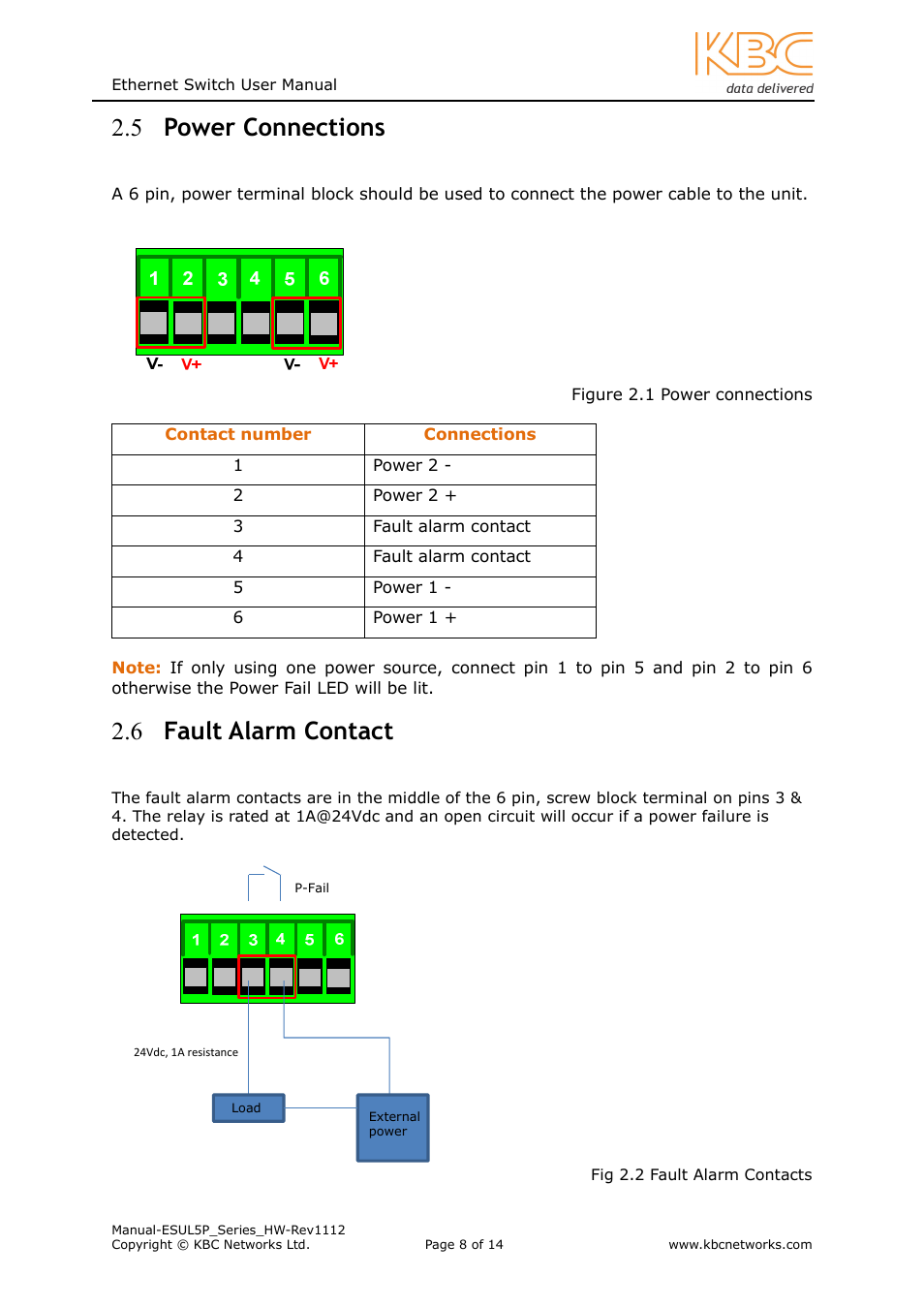 5 power connections, 6 fault alarm contact | KBC Networks ESUL5P User Manual | Page 8 / 14