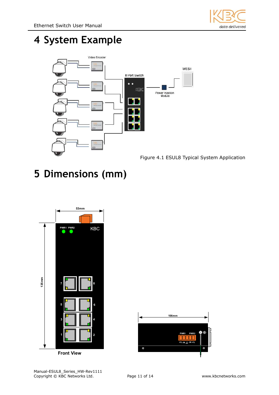 4 system example, 5 dimensions (mm) | KBC Networks ESUL8 User Manual | Page 11 / 14