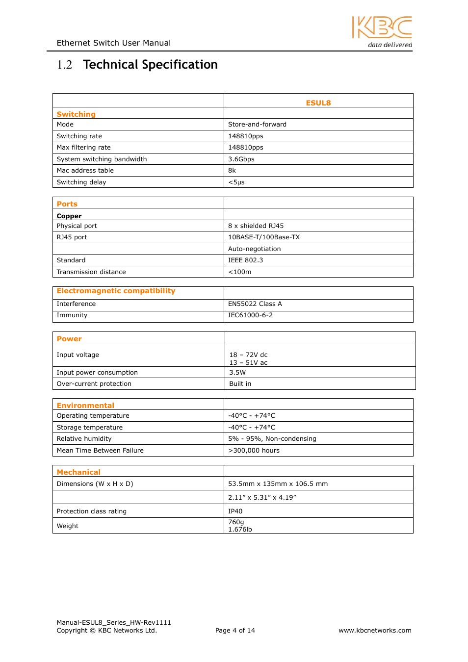 2 technical specification | KBC Networks ESUL8 User Manual | Page 4 / 14