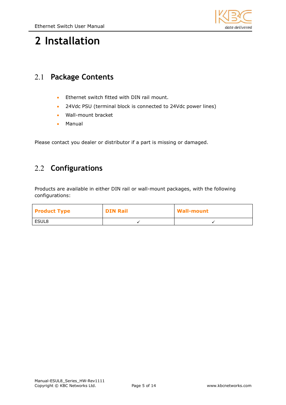 2 installation, 1 package contents, 2 configurations | KBC Networks ESUL8 User Manual | Page 5 / 14