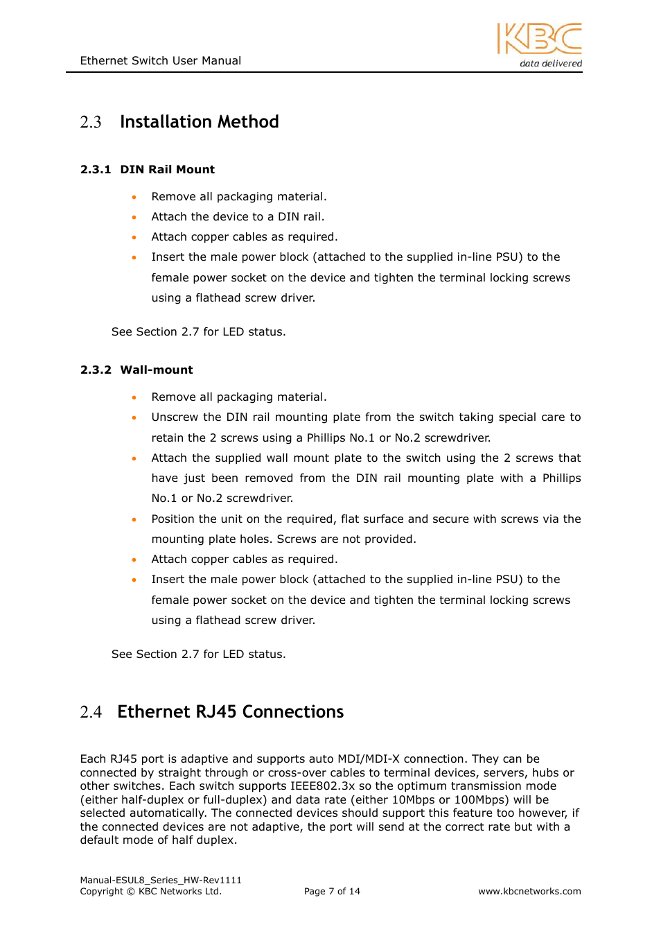 Installation method, 4 ethernet rj45 connections | KBC Networks ESUL8 User Manual | Page 7 / 14