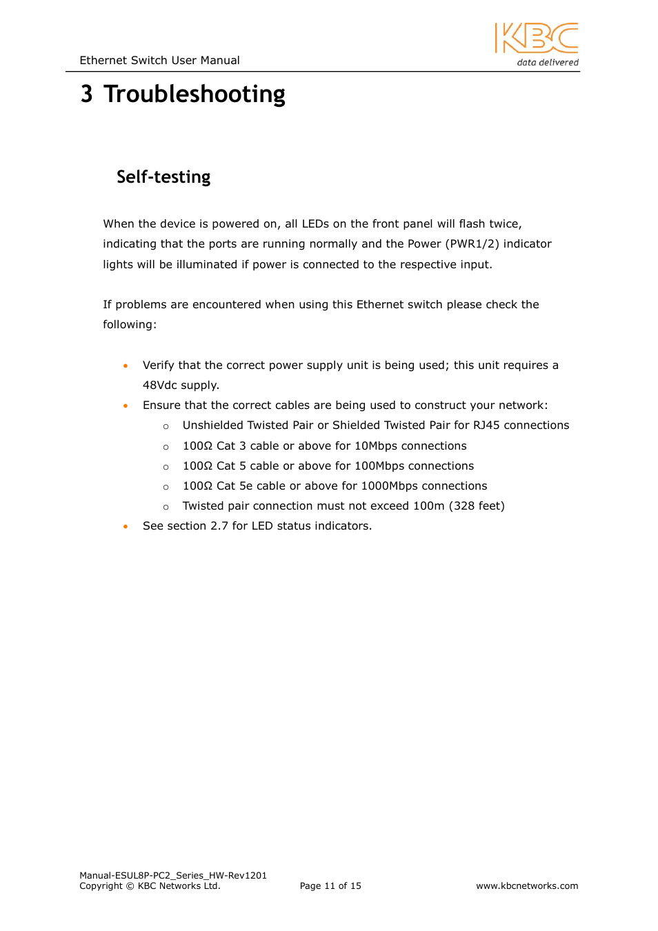 Troubleshooting, Testing, 3 troubleshooting | 1 self-testing | KBC Networks ESUL8P-PC2 User Manual | Page 11 / 15