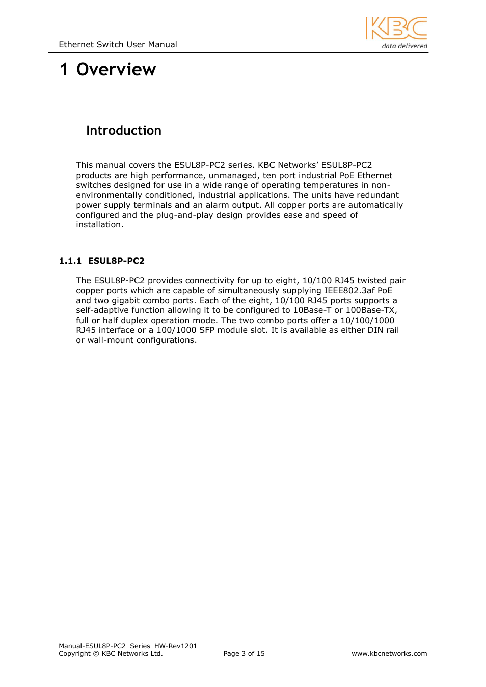 Overview, Ntroduction, Esul8p-pc2 | 1 overview, 1 introduction | KBC Networks ESUL8P-PC2 User Manual | Page 3 / 15