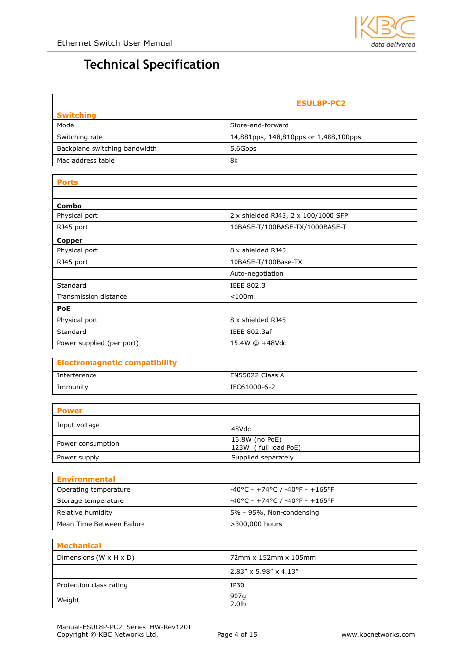 Echnical, Pecification, 2 technical specification | KBC Networks ESUL8P-PC2 User Manual | Page 4 / 15