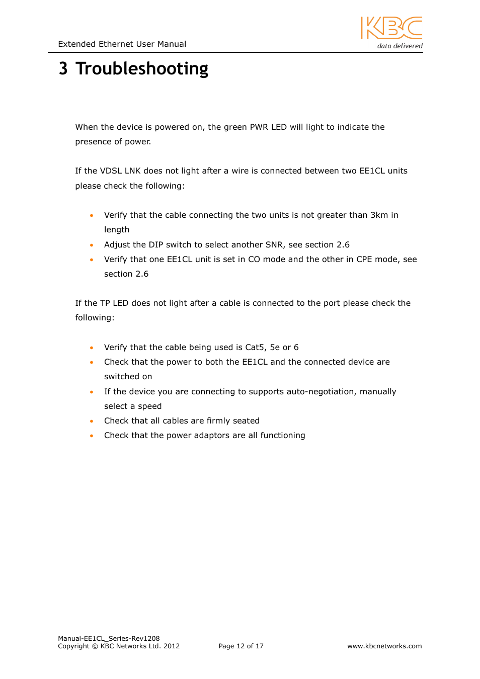 3 troubleshooting | KBC Networks EE1CL User Manual | Page 12 / 17