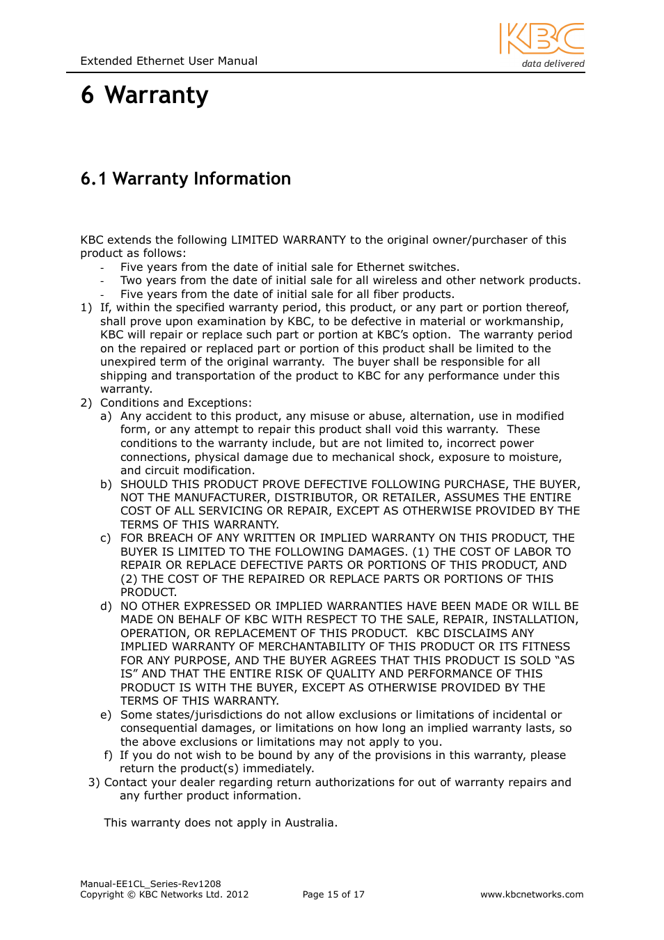 6 warranty, 1 warranty information | KBC Networks EE1CL User Manual | Page 15 / 17