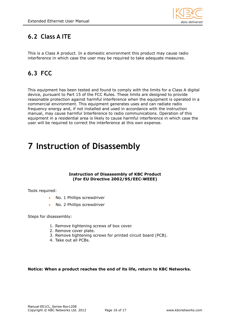 7 instruction of disassembly, 2 class a ite, 3 fcc | KBC Networks EE1CL User Manual | Page 16 / 17