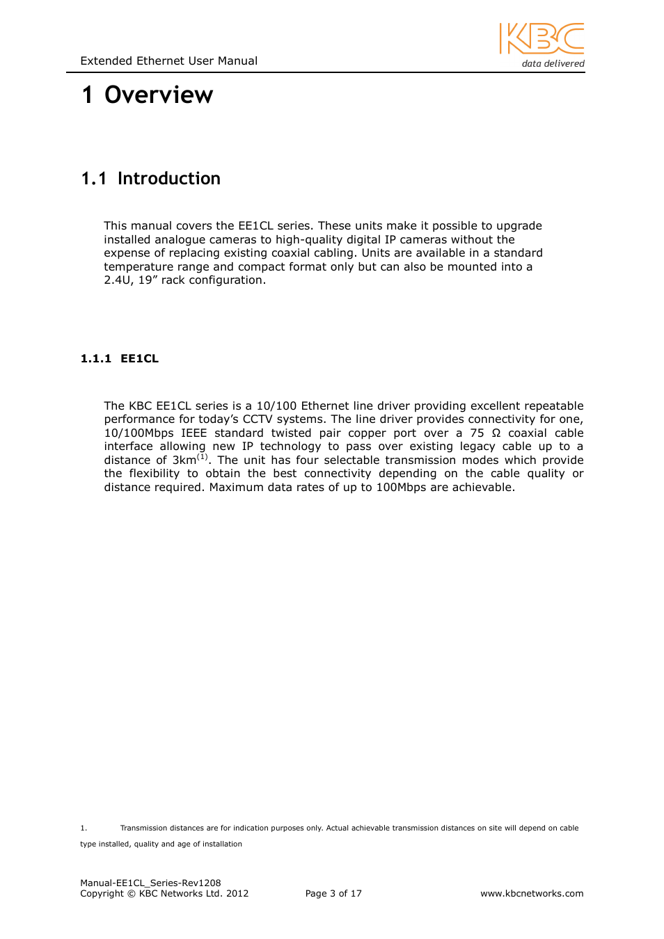 1 overview, 1 introduction | KBC Networks EE1CL User Manual | Page 3 / 17