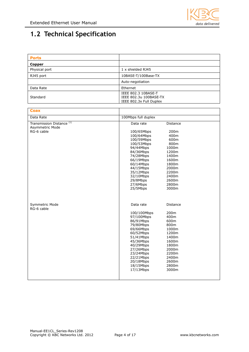 2 technical specification | KBC Networks EE1CL User Manual | Page 4 / 17