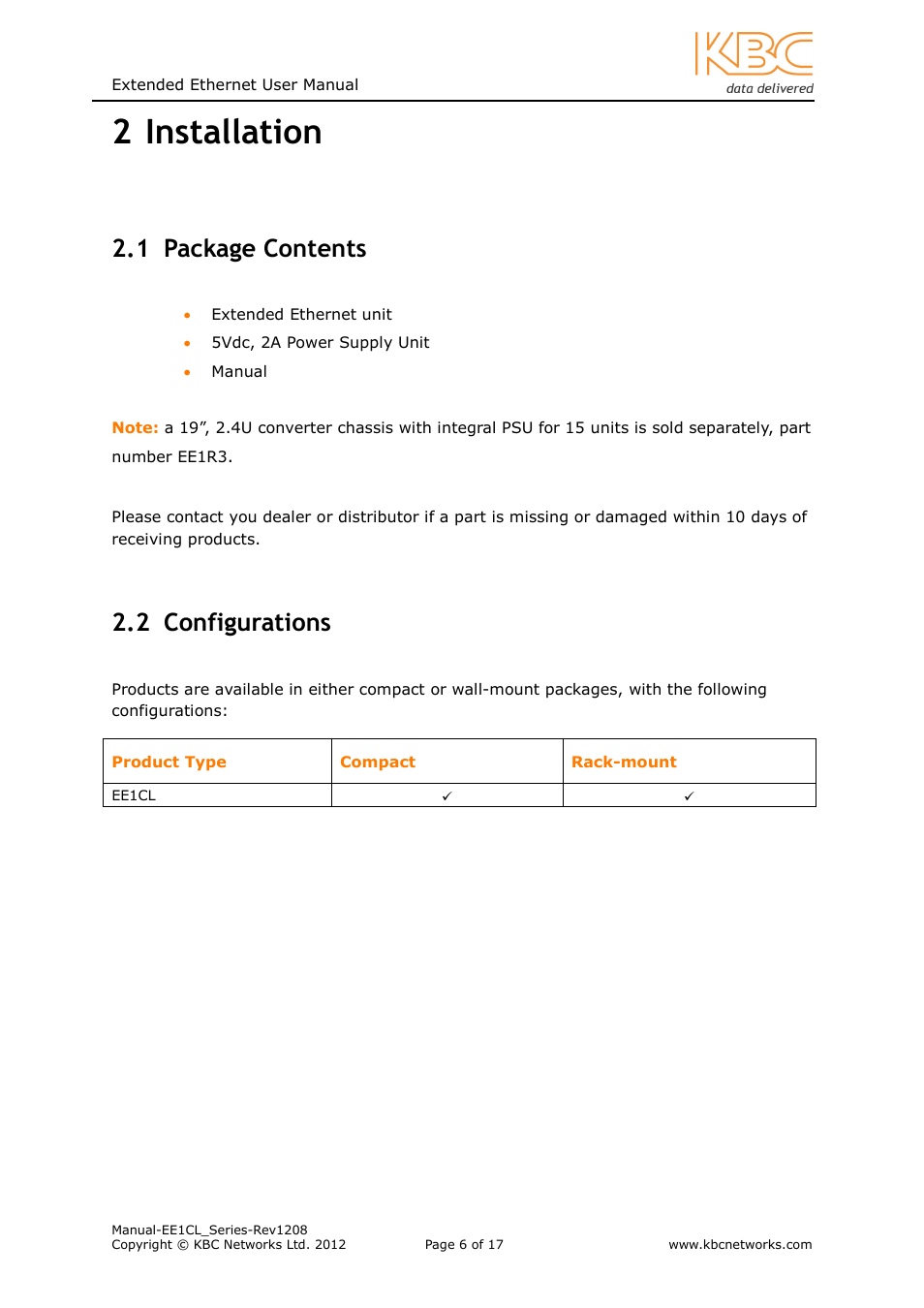 2 installation, 1 package contents, 2 configurations | KBC Networks EE1CL User Manual | Page 6 / 17