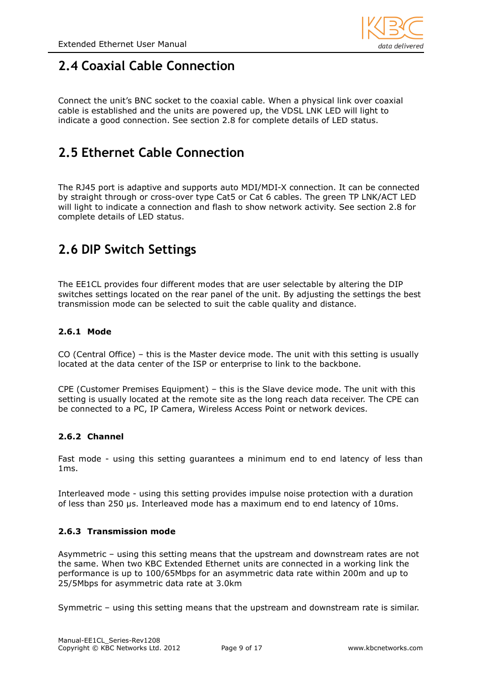 4 coaxial cable connection, 5 ethernet cable connection, 6 dip switch settings | KBC Networks EE1CL User Manual | Page 9 / 17