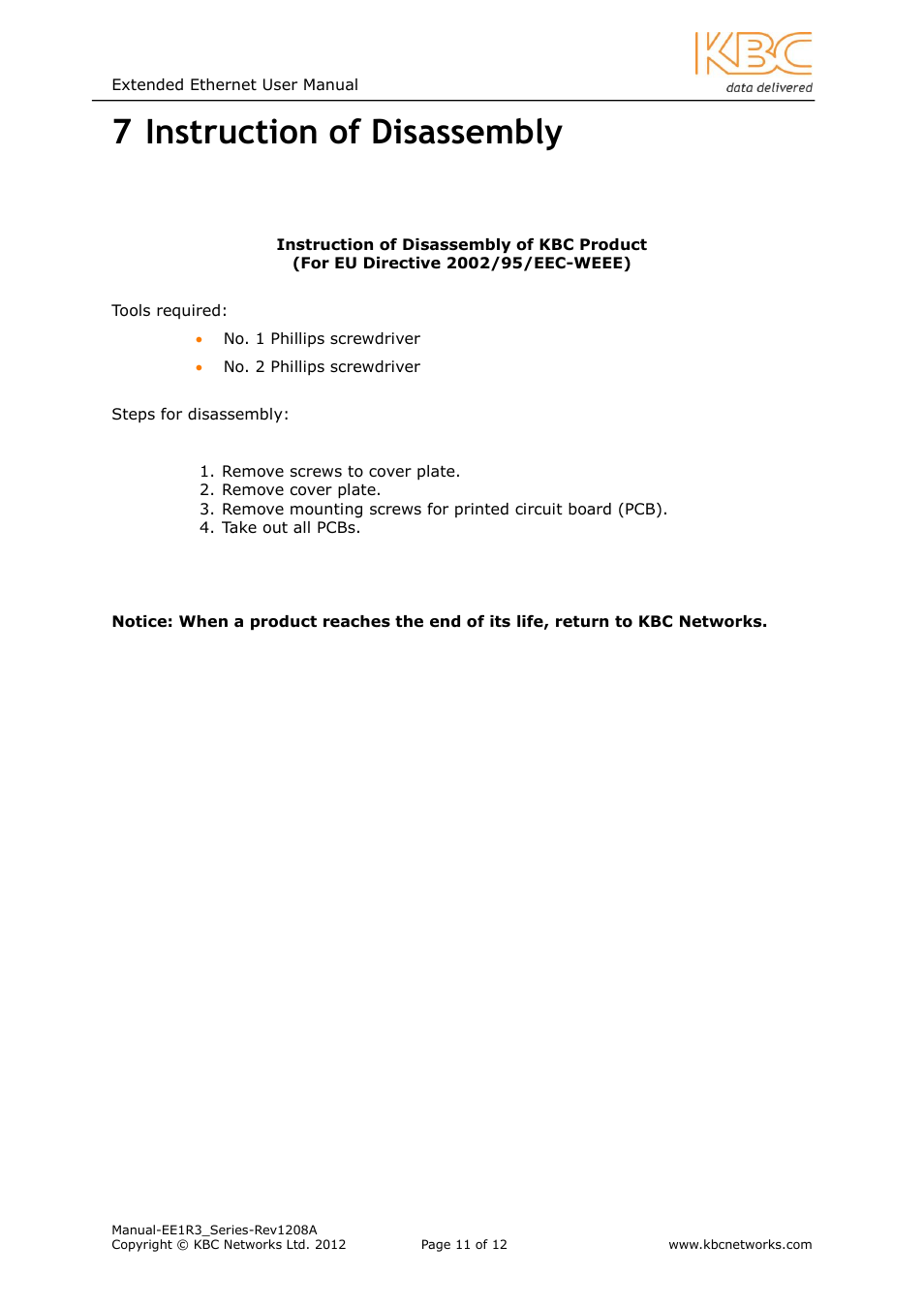 Instruction of disassembly, 7 instruction of disassembly | KBC Networks EE1R3 User Manual | Page 11 / 12