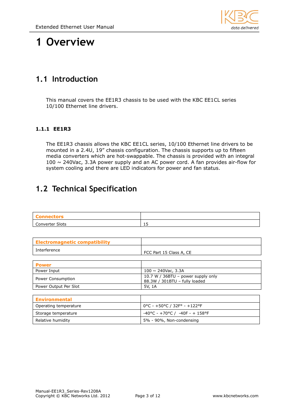 Overview, Ntroduction, Ee1r3 | Echnical, Pecification, 1 overview, 1 introduction, 2 technical specification | KBC Networks EE1R3 User Manual | Page 3 / 12