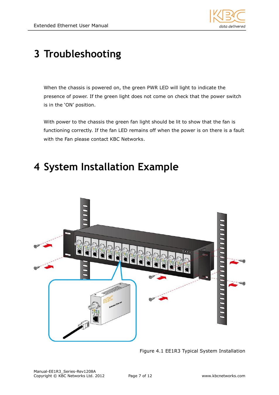 Troubleshooting, System installation example, 3 troubleshooting | 4 system installation example | KBC Networks EE1R3 User Manual | Page 7 / 12