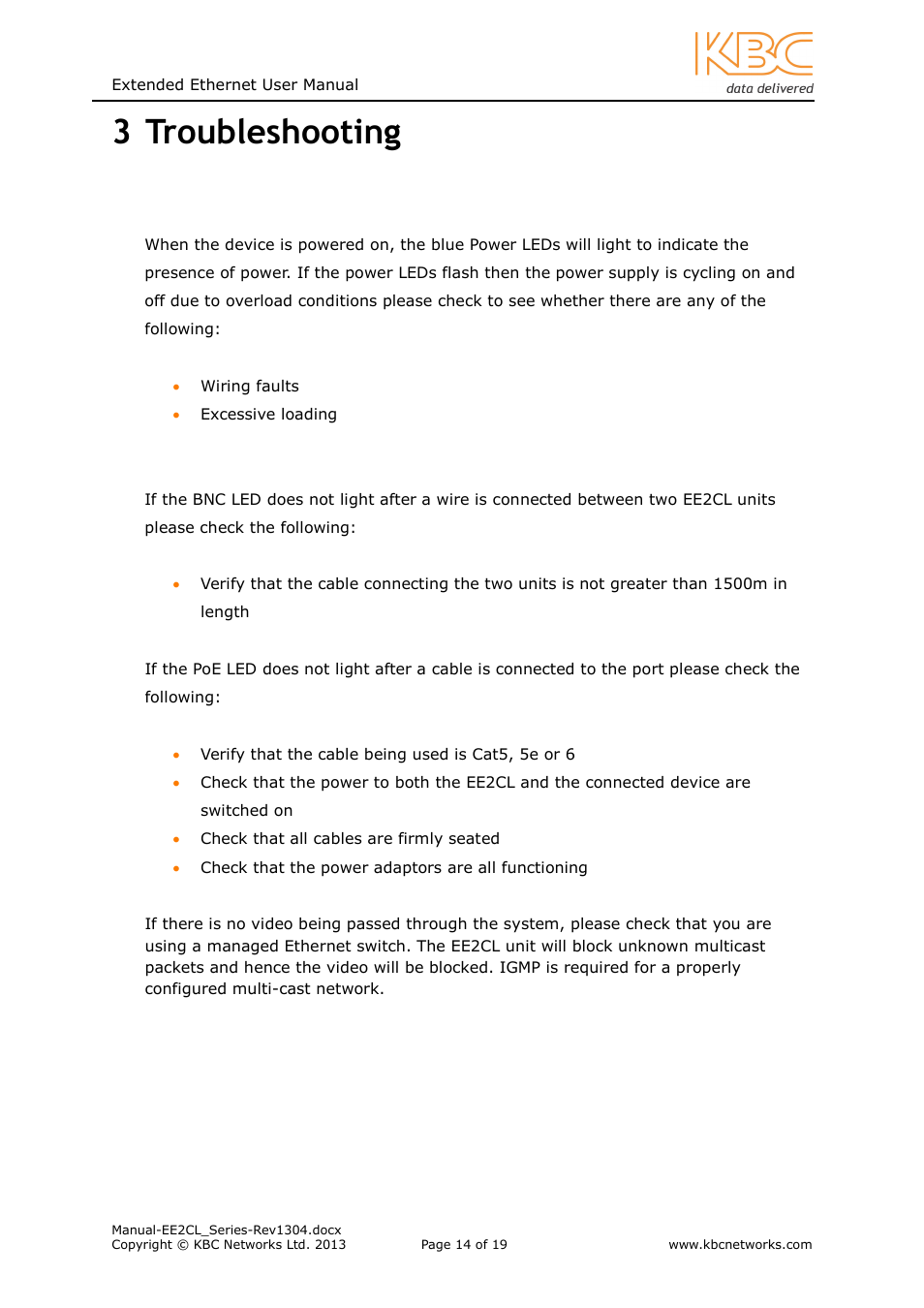 3 troubleshooting | KBC Networks EE2CL User Manual | Page 14 / 19