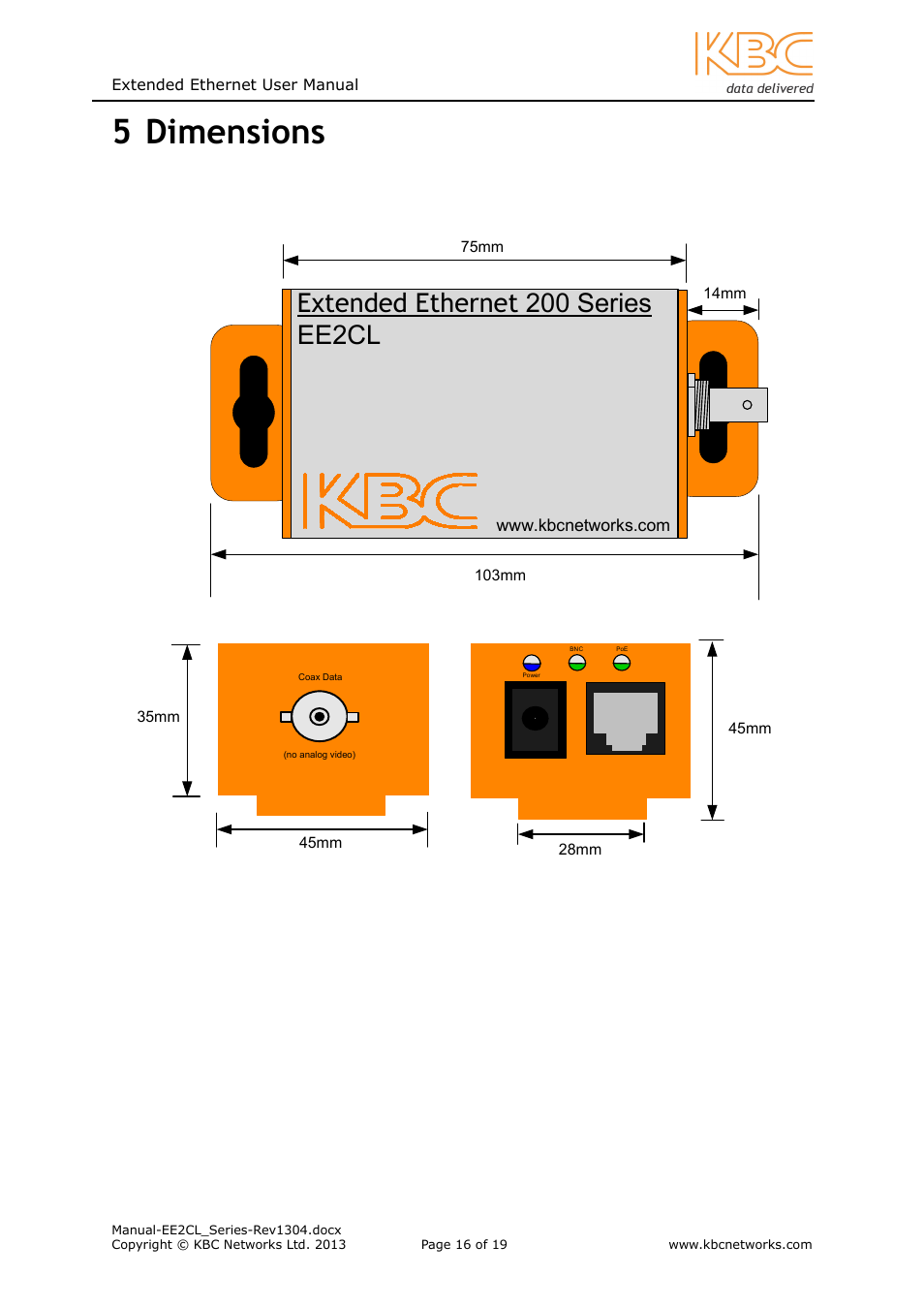 5 dimensions, Extended ethernet 200 series ee2cl | KBC Networks EE2CL User Manual | Page 16 / 19