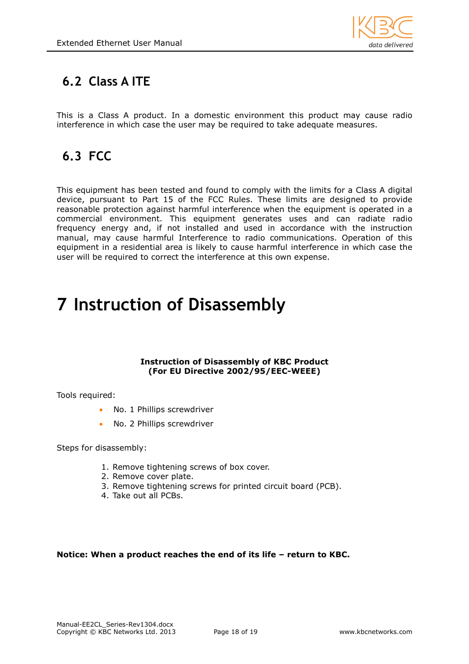 7 instruction of disassembly, 2 class a ite, 3 fcc | KBC Networks EE2CL User Manual | Page 18 / 19