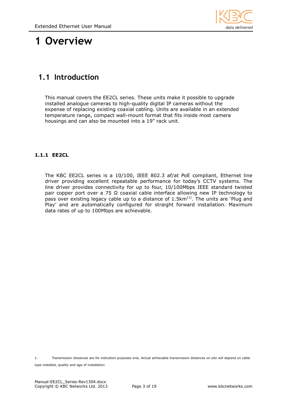 1 overview, 1 introduction | KBC Networks EE2CL User Manual | Page 3 / 19