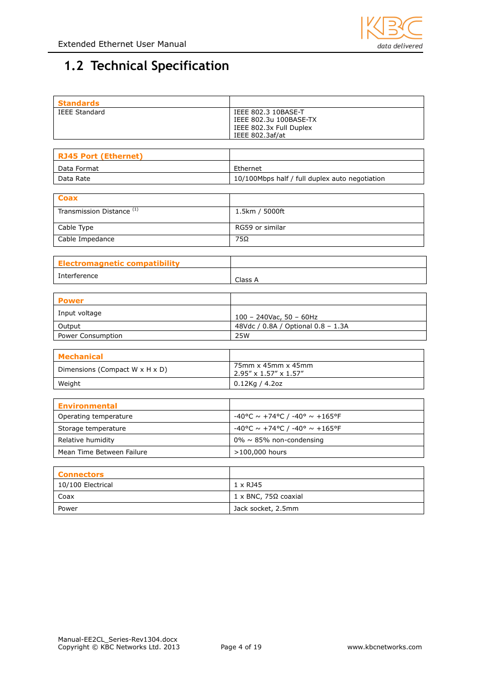 2 technical specification | KBC Networks EE2CL User Manual | Page 4 / 19