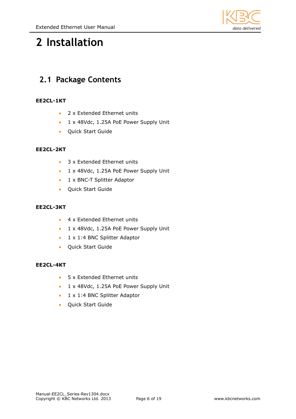 2 installation, 1 package contents | KBC Networks EE2CL User Manual | Page 6 / 19