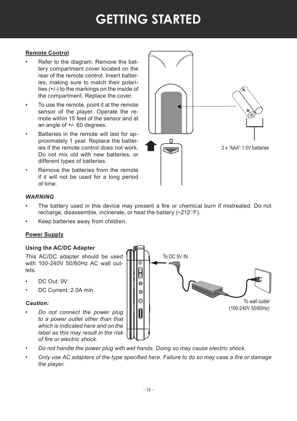 Remote control, Power supply, Using the ac/dc adapter | Getting started | COBY electronic TF-DVD7307 User Manual | Page 12 / 24