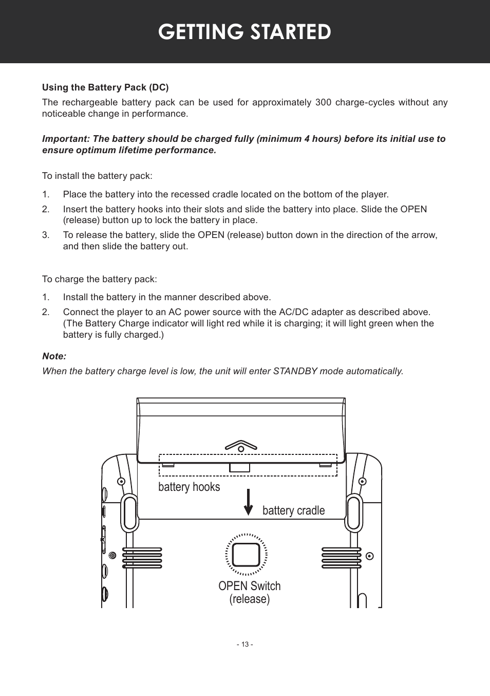 Using the battery pack (dc), Getting started, Open switch (release) battery hooks battery cradle | COBY electronic TF-DVD7307 User Manual | Page 13 / 24