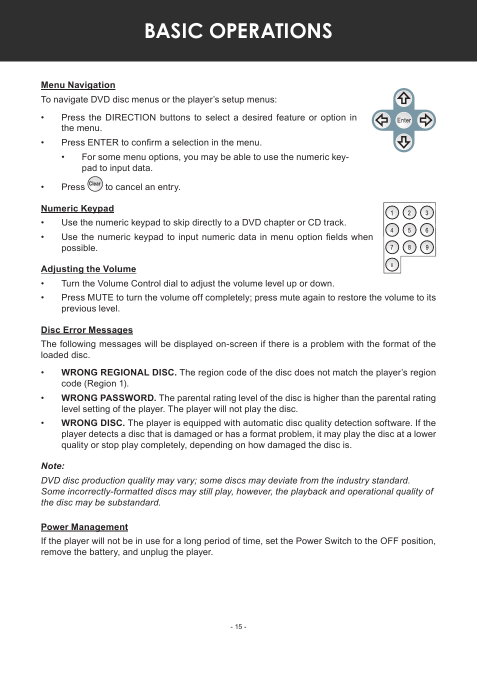 Menu navigation, Numeric keypad, Adjusting the volume | Disc error messages, Power management, Basic operations | COBY electronic TF-DVD7307 User Manual | Page 15 / 24