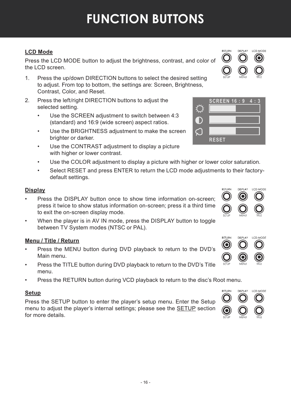 Function buttons, Lcd mode, Display | Menu / title / return, Setup | COBY electronic TF-DVD7307 User Manual | Page 16 / 24