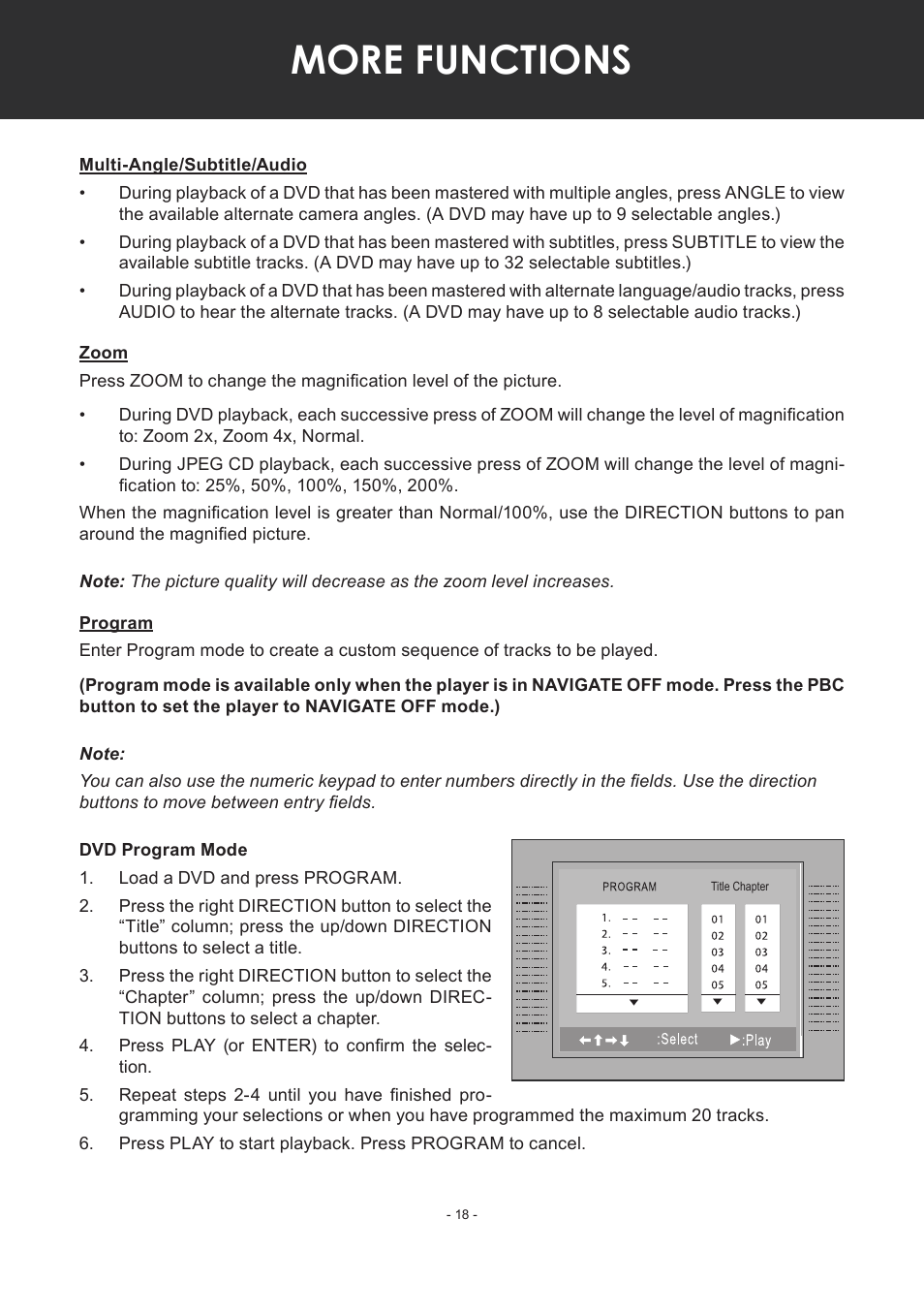 Multi-angle/subtitle/audio, Zoom, Program | Dvd program mode, More functions | COBY electronic TF-DVD7307 User Manual | Page 18 / 24