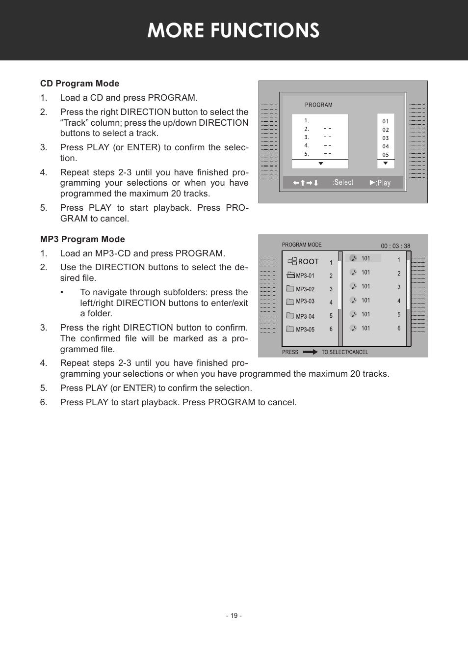 Cd program mode, Mp3 program mode, More functions | COBY electronic TF-DVD7307 User Manual | Page 19 / 24