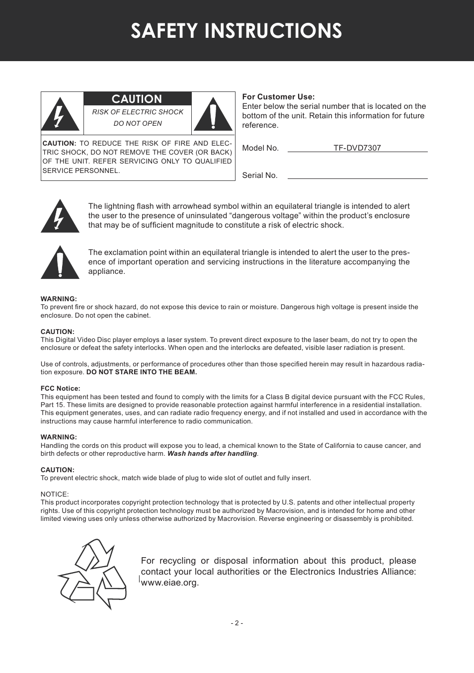 Safety instructions, Caution | COBY electronic TF-DVD7307 User Manual | Page 2 / 24